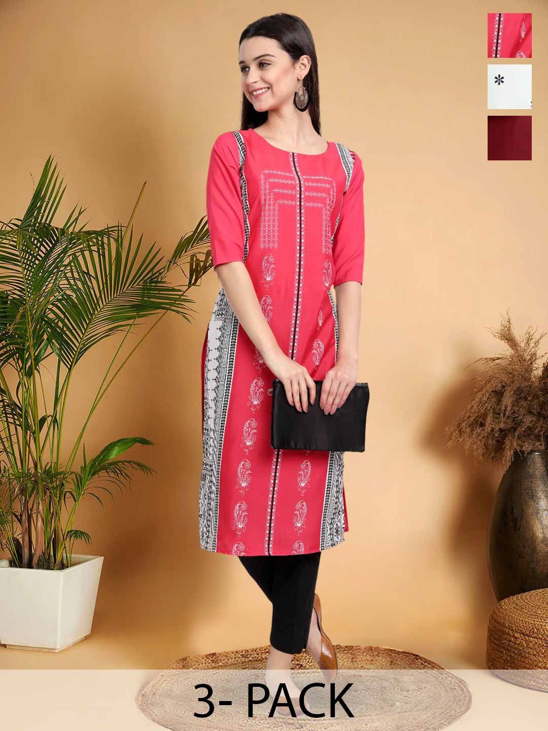 

7Threads Selection Of 3 Ethnic Motifs Printed Round Neck Straight Kurtas, Pink