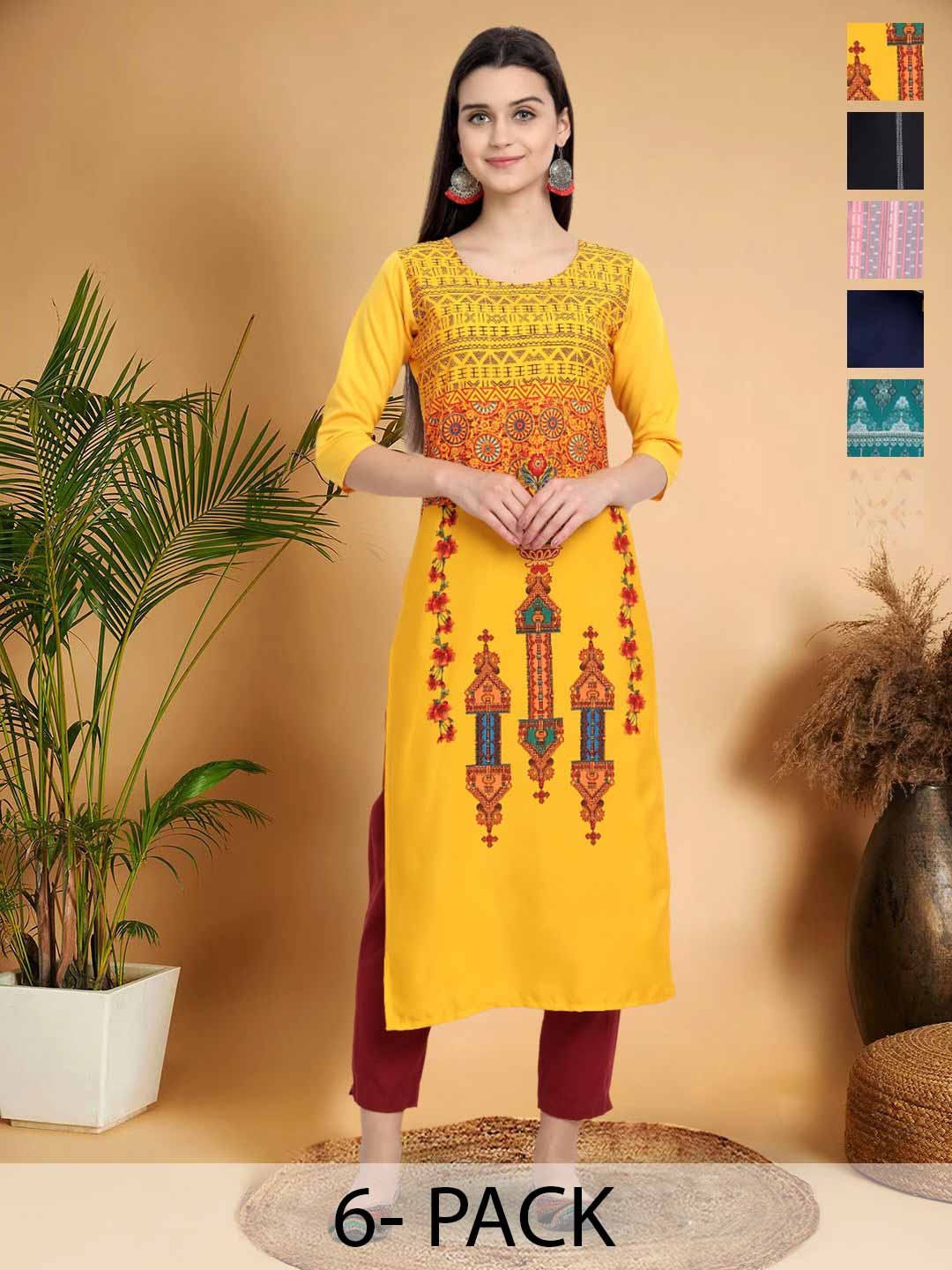 

7Threads Selection Of 5 Ethnic Motifs Printed Round Neck Kurtas, Yellow