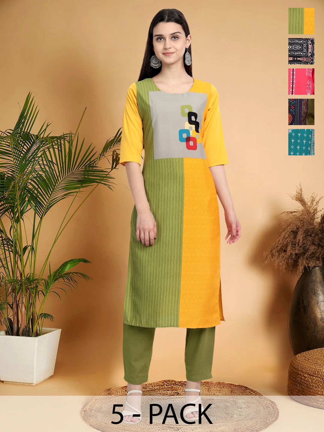

7Threads Selection Of 5 Geometric Printed Round Neck Straight Kurtas, Green