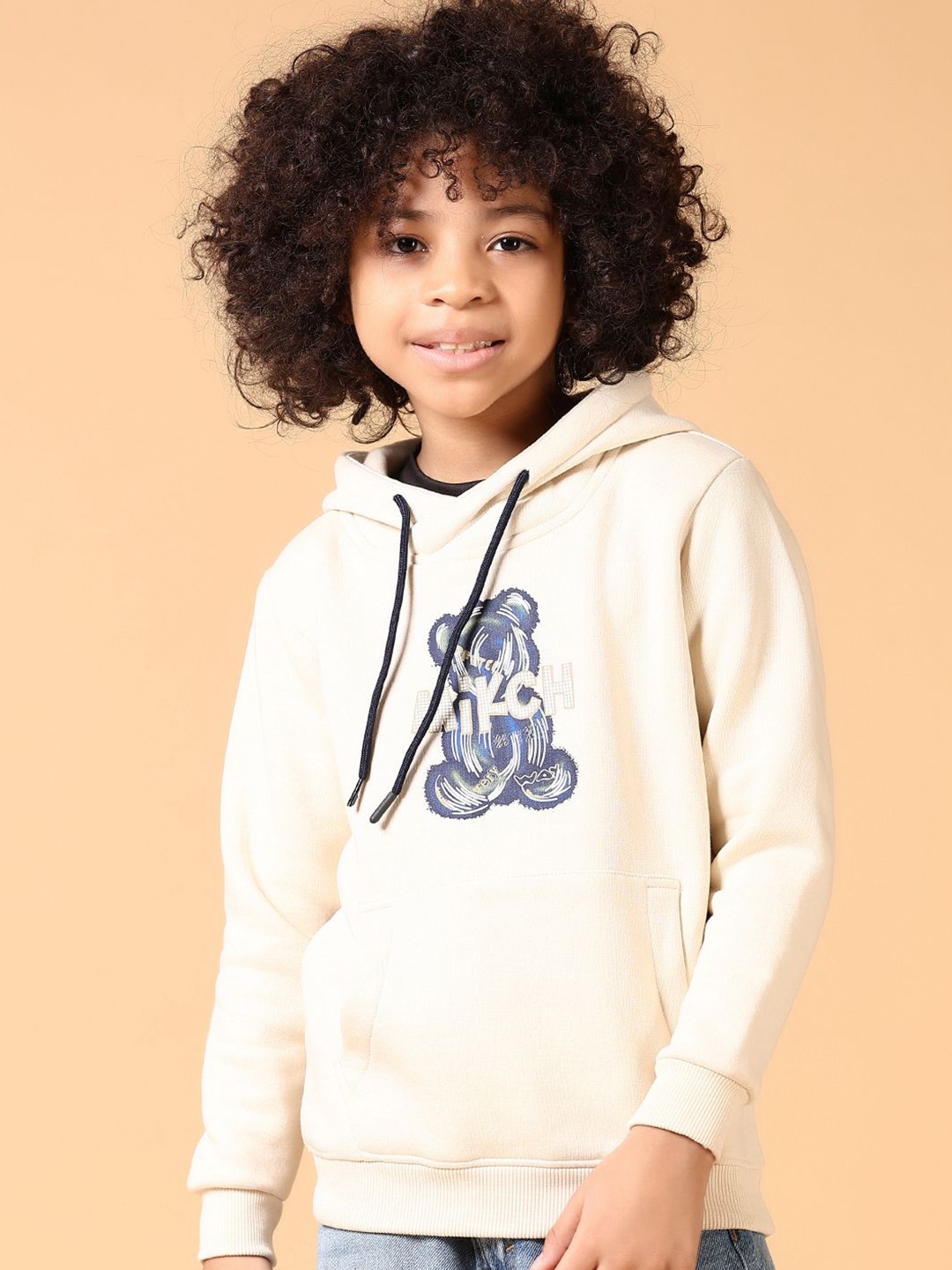 

V-Mart Boys Printed Hooded Cotton Sweatshirt, Beige