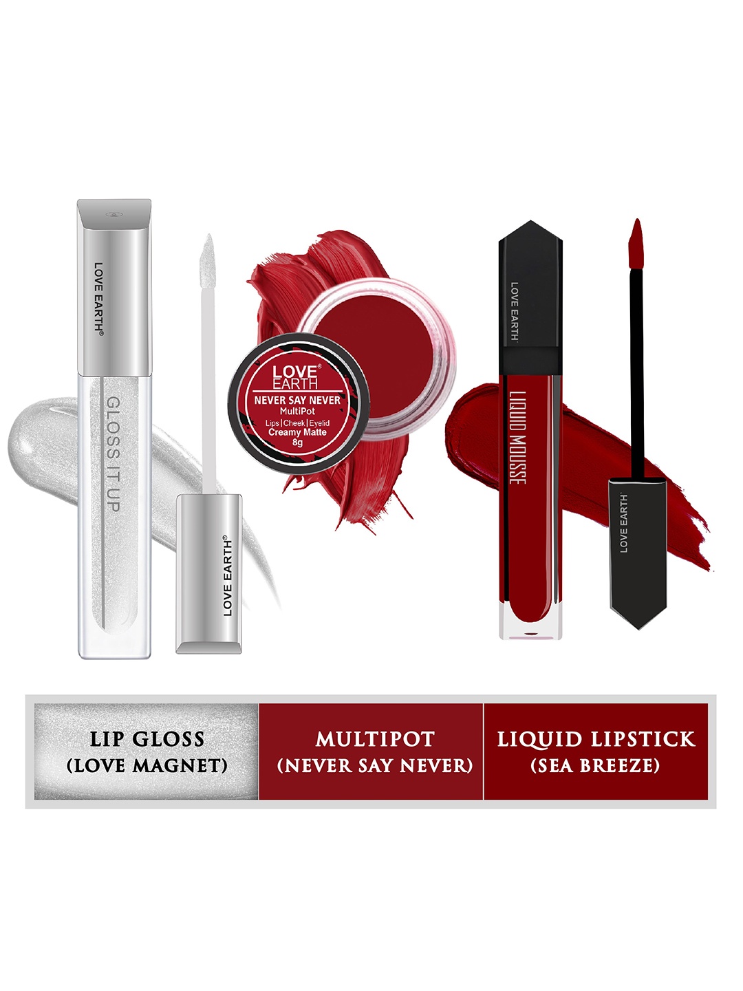 

LOVE EARTH 3Pc Lipstick-Lip Gloss & Multipot-Sea Breeze-Love Magnet-Never Say Never, Multi