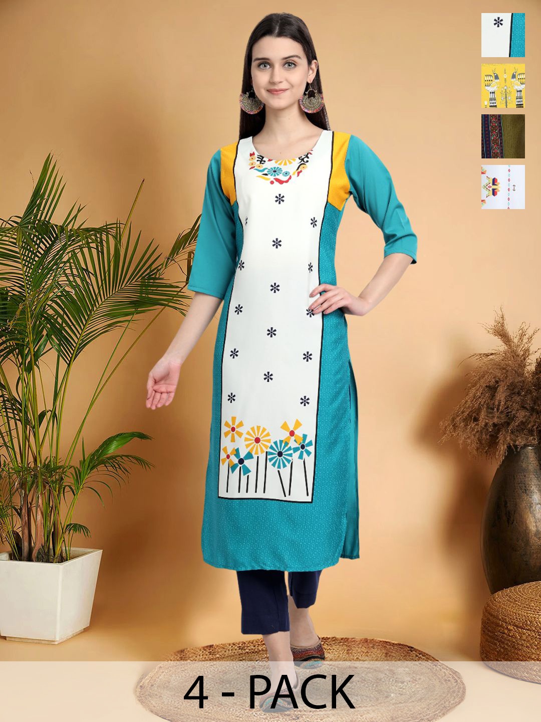 

7Threads Selection Of 4 Ethnic Motifs Printed Round Neck Straight Kurtas, Turquoise blue