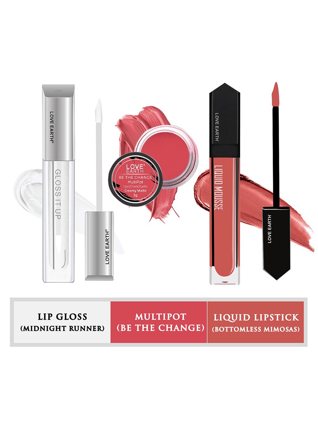 

LOVE EARTH Set Of 3 Lip Cheek Tint Multipot 8g + Lip Gloss 3ml + Liquid Lipstick 6ml, Multi