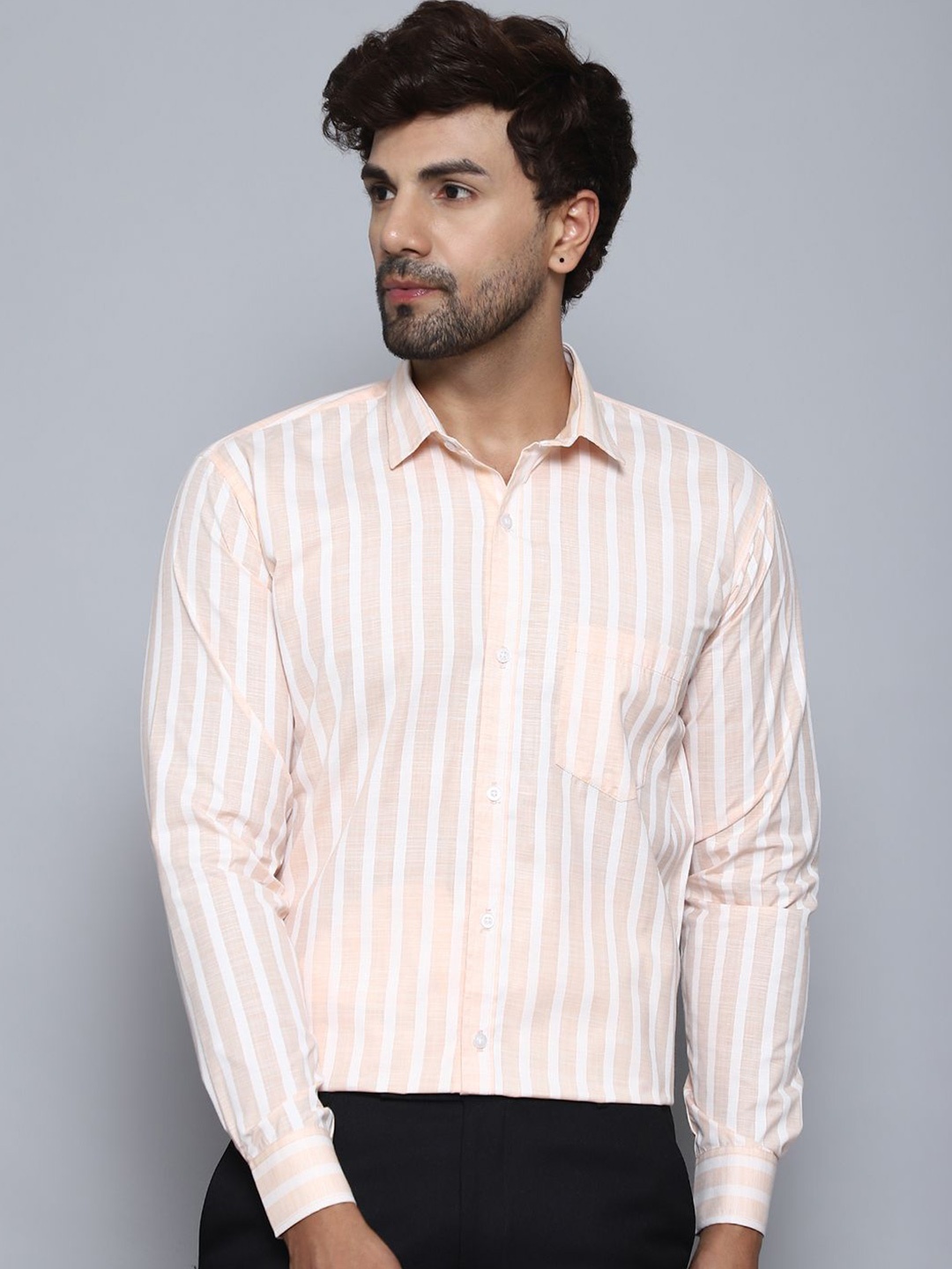 

BANHUSSAIN Men Cutaway Collar Vertical Striped Cotton Linen Formal Shirt, Peach
