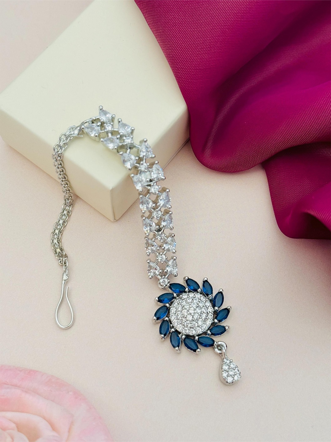 

ABDESIGNS Silver-Plated American Diamond Studded Maang Tikka