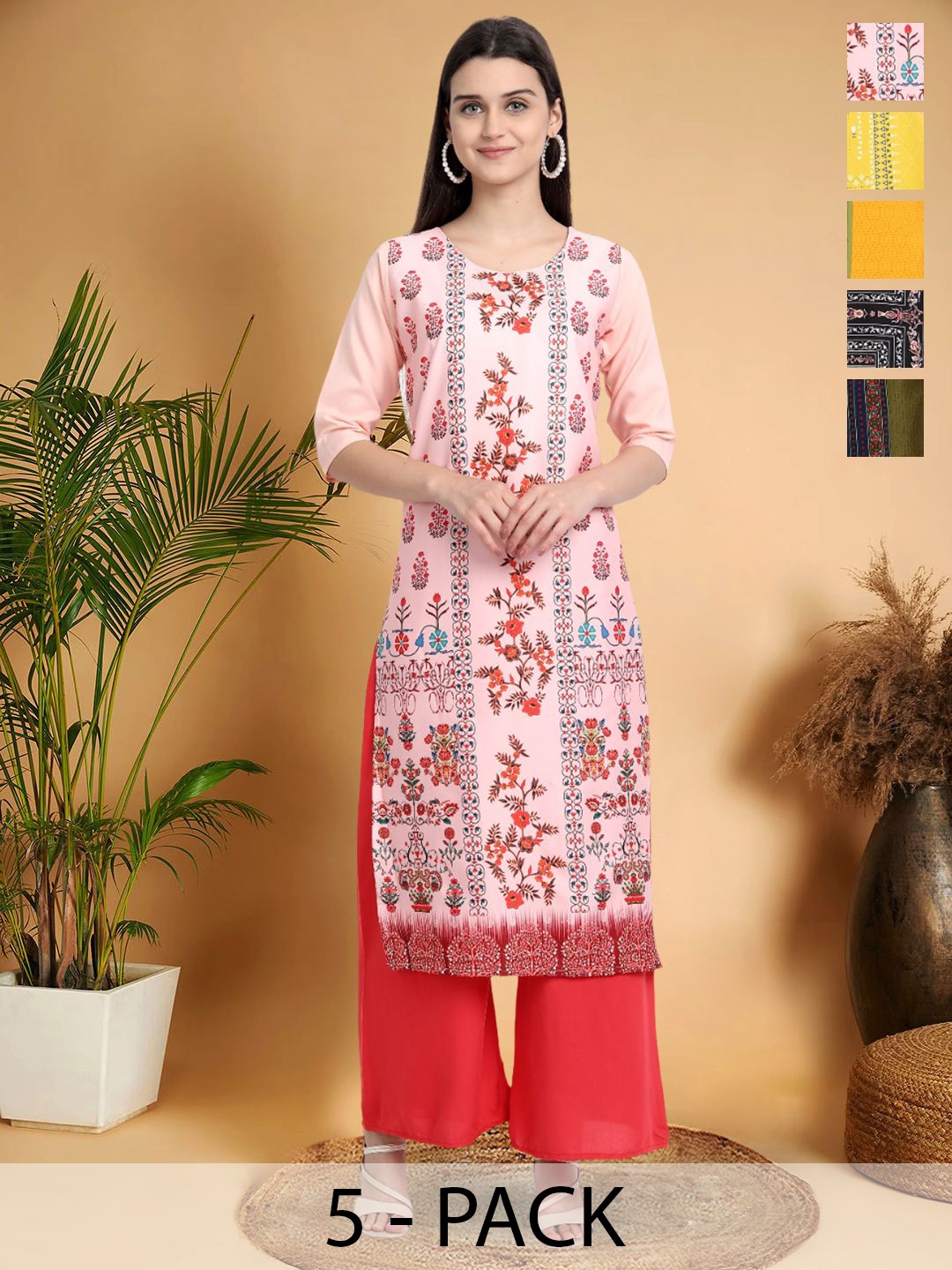 

7Threads Selection Of 5 Floral Printed Round Neck Straight Kurtas, Pink