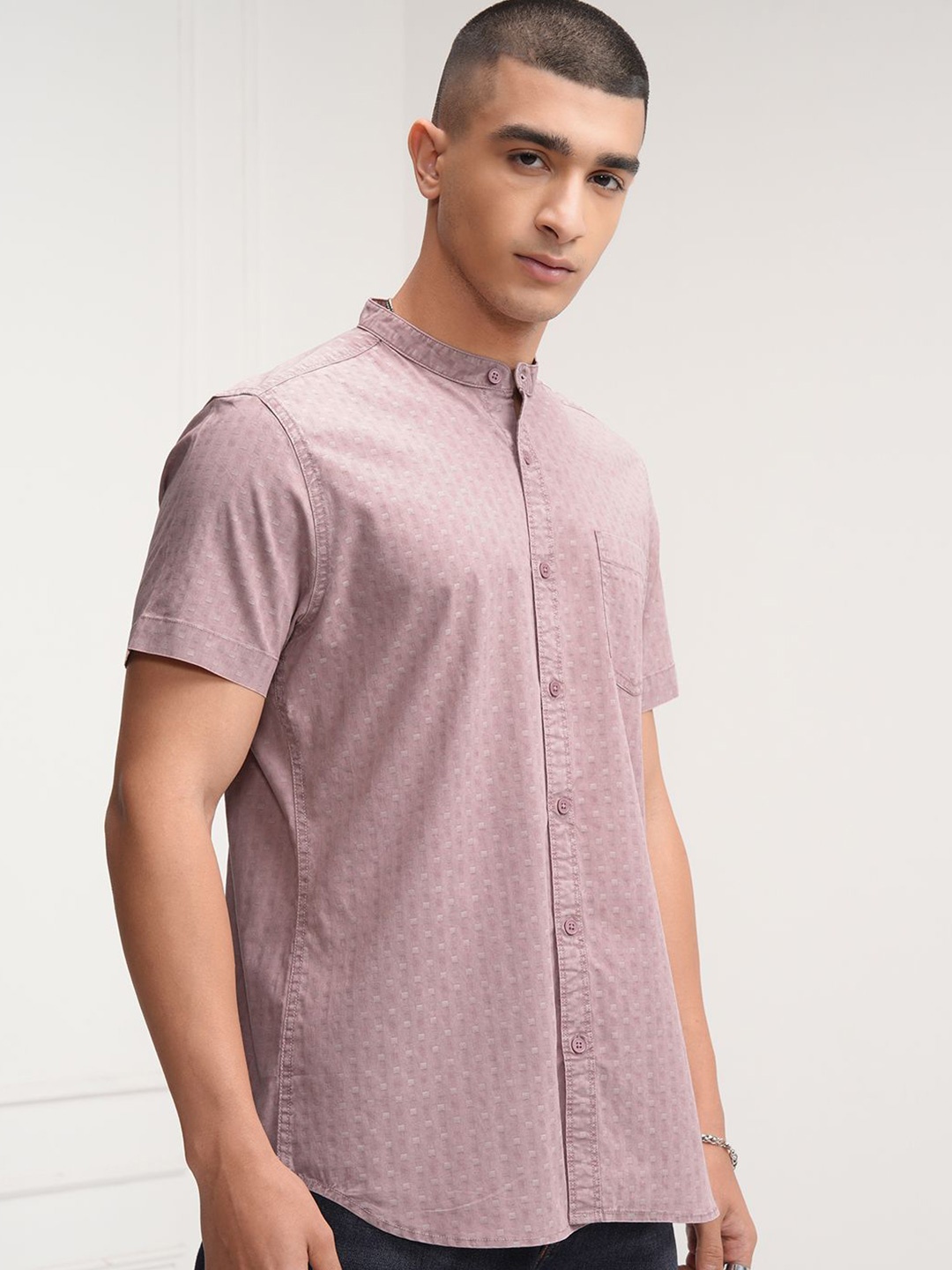 

HIGHLANDER Men Band Collar Textured Cotton Casual Shirt, Pink