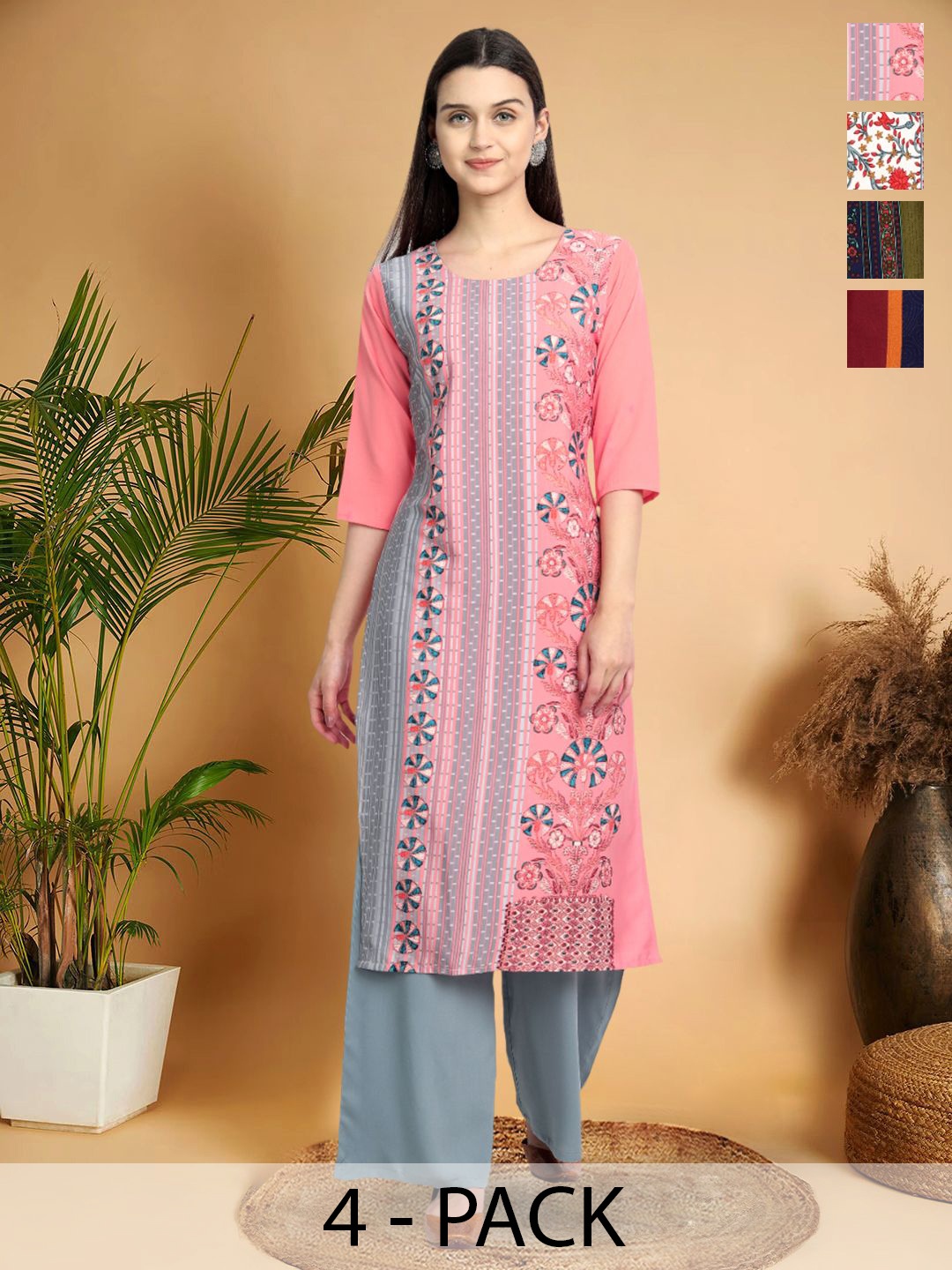 

7Threads Selection Of 4 Ethnic Motifs Printed Round Neck Straight Kurtas, Pink