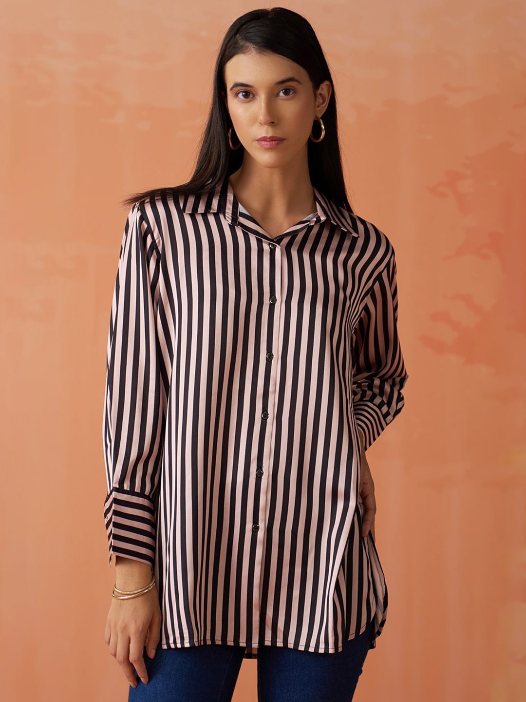 

Lakshita Women Classic Relaxed Fit Spread Collar Vertical Striped Casual Shirt, Black