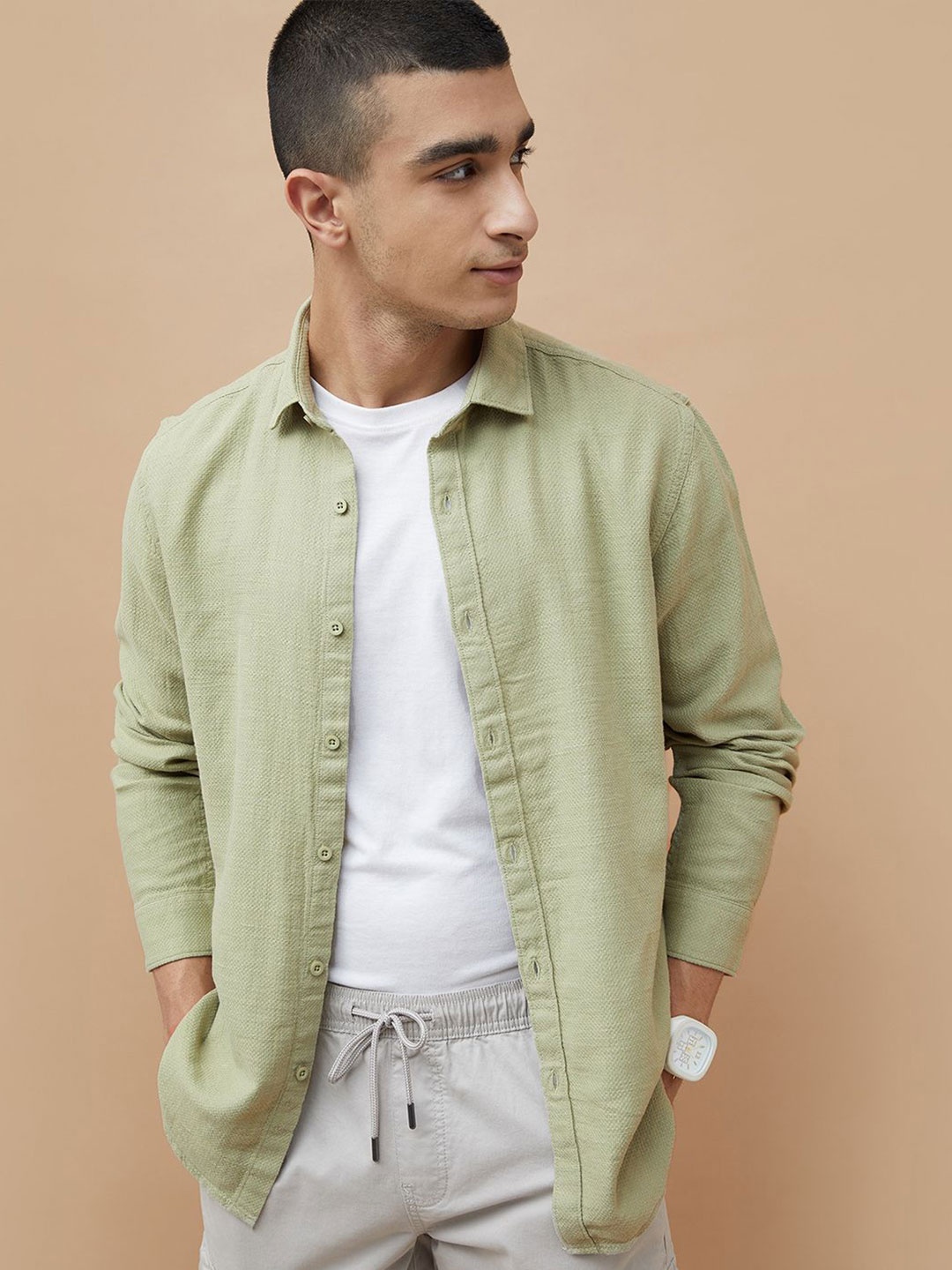 

Fame Forever by Lifestyle Men Cutaway Collar Textured Cotton Casual Shirt, Green