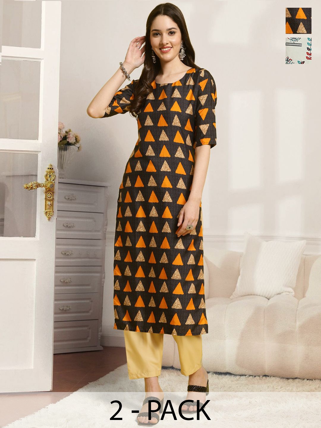 

7Threads Selection Of 2 Geometric Printed Straight Kurtas With Trousers, Black