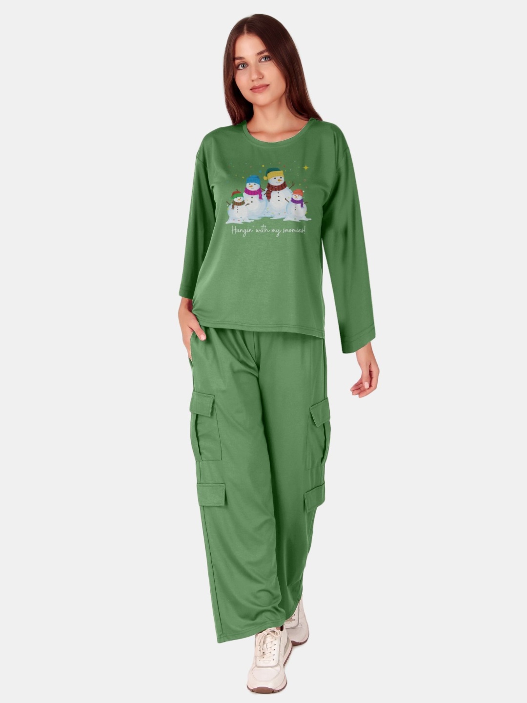 

Fasense Women Printed Full Sleeve Oversized T-Shirt With Cargo Pant Co-Ords, Green