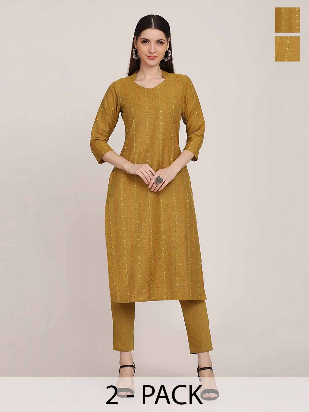 

KALINI Selection Of 2 Striped Printed Straight Kurtas With Trousers, Mustard