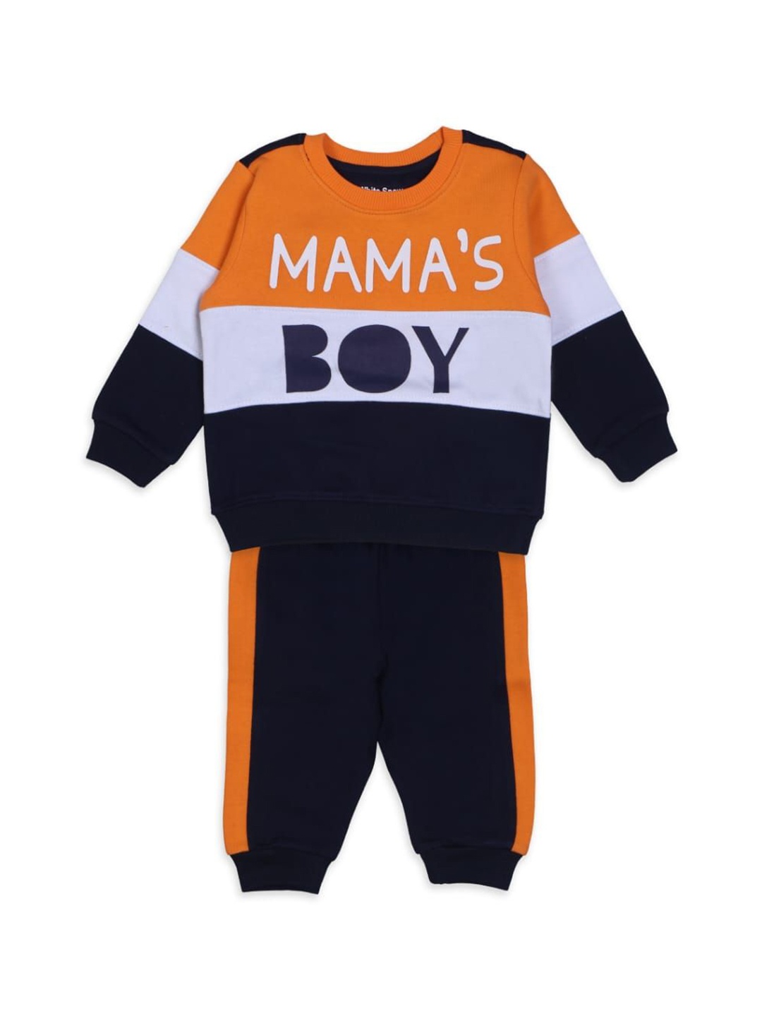 

White Snow Boys Printed Round Neck Sweatshirt With Jogger, Orange