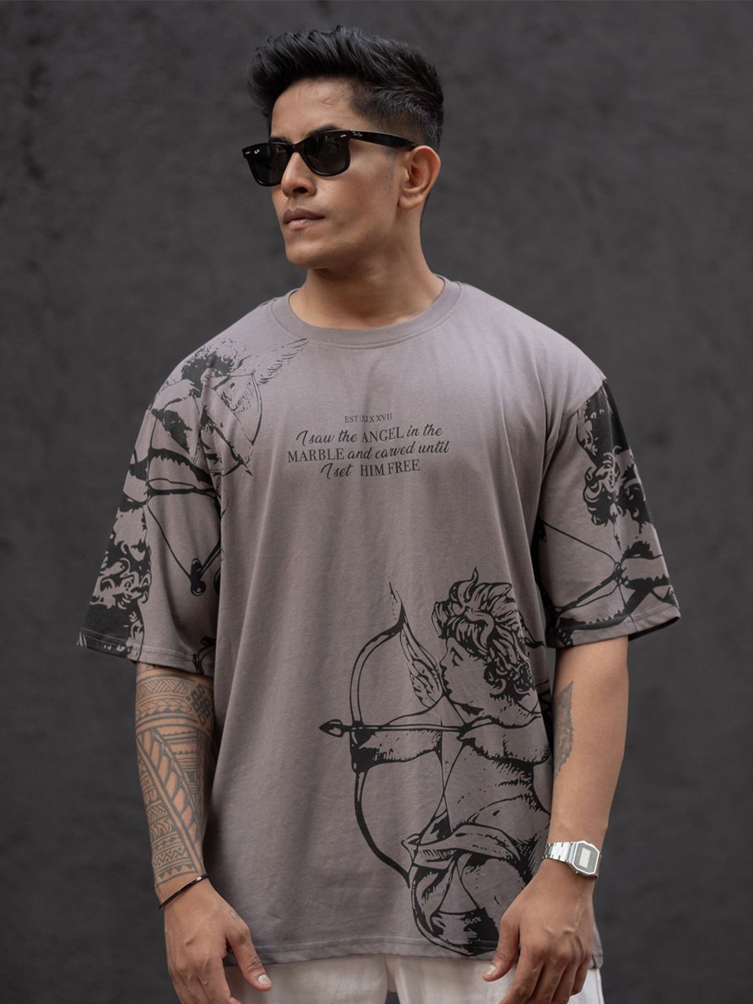 

Powerlook Men Graphic Printed Round Neck Cotton Oversized T-shirt, Grey