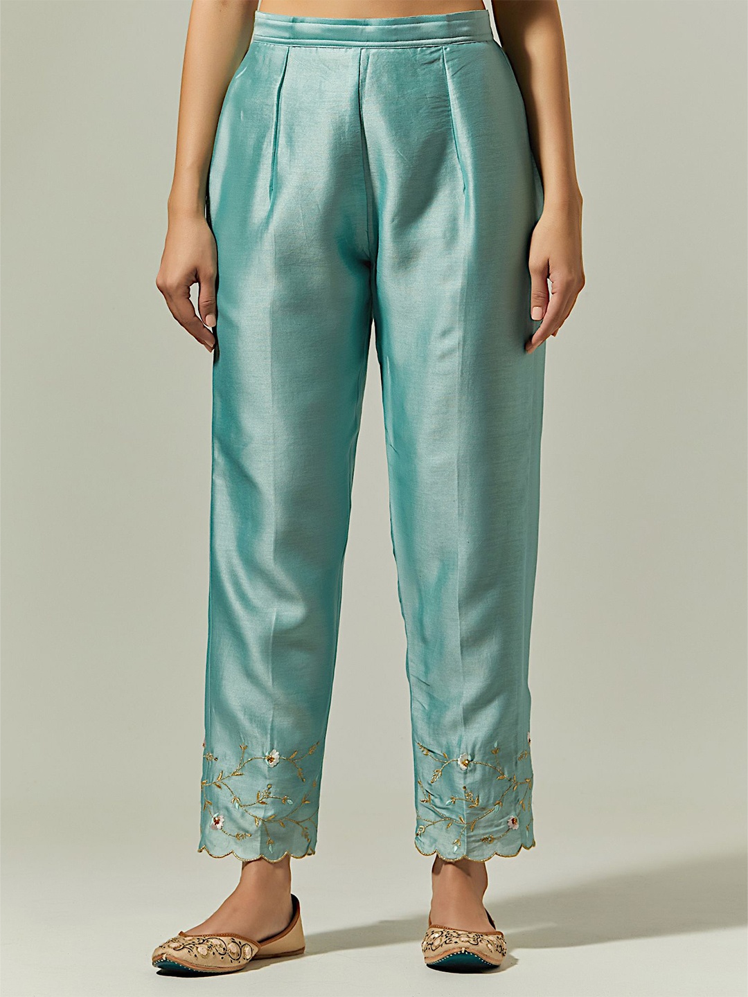 

Anantaa by roohi trehan Women Blue Silk Chanderi Palazzo With Embroidered Hem, Turquoise blue
