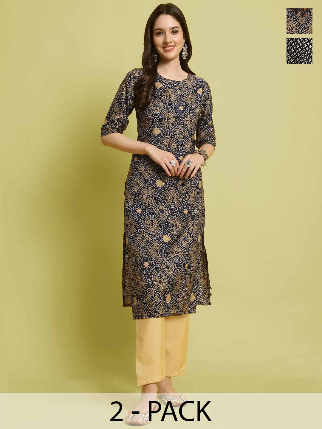 

7Threads Selection Of 2 Floral Printed Round Neck Straight Kurta With Trousers, Navy blue