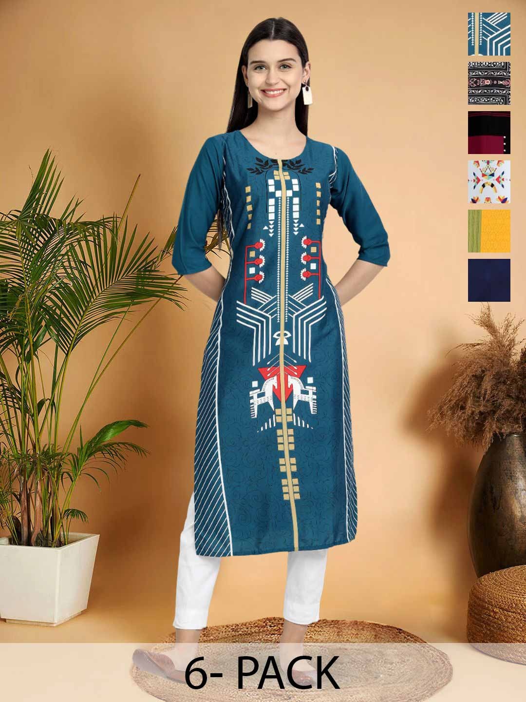 

7Threads Selection Of 6 Geometric Printed Round Neck Kurtas, Blue