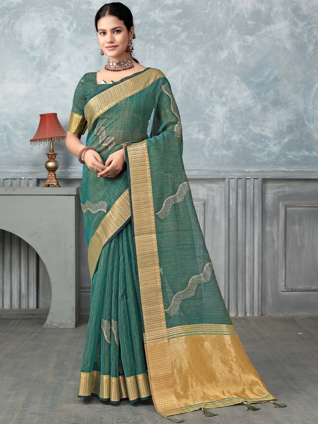 

A.V.M. SILK MILLS Ethnic Motifs Zari Tissue Saree, Green