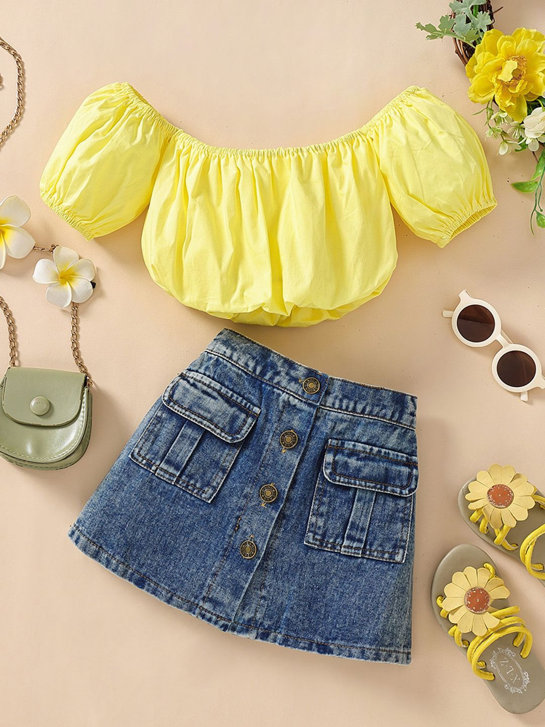 

INCLUD Girls Off-Shoulder Top With Skirt, Yellow