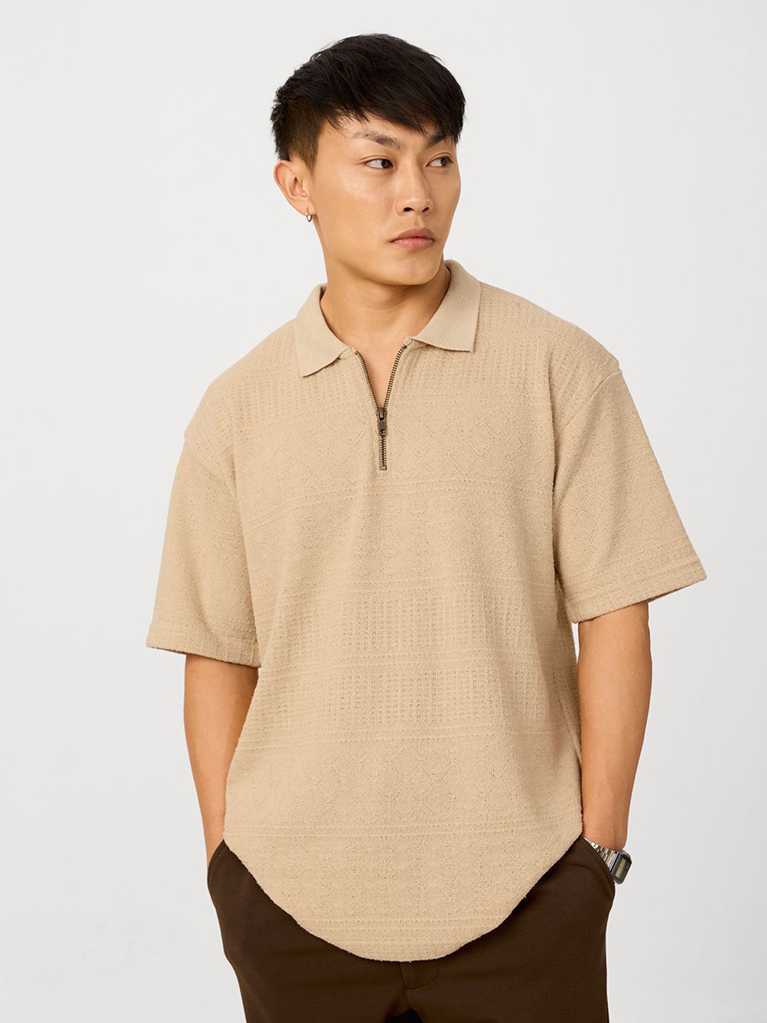 

The Souled Store Men Self Design Polo Collar Cotton Oversized T-shirt, Beige