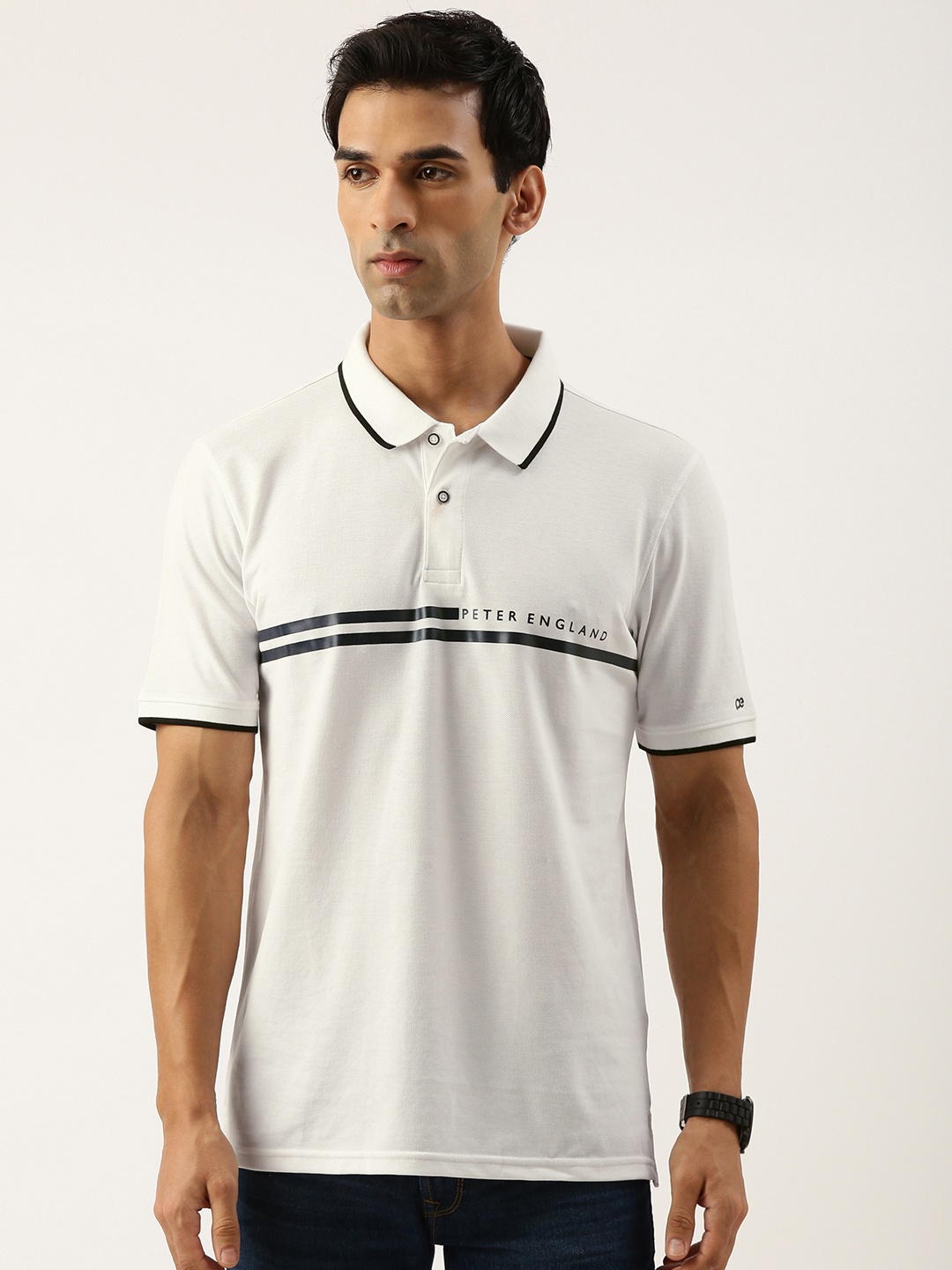 

Peter England Men Striped Polo Collar T-shirt, White