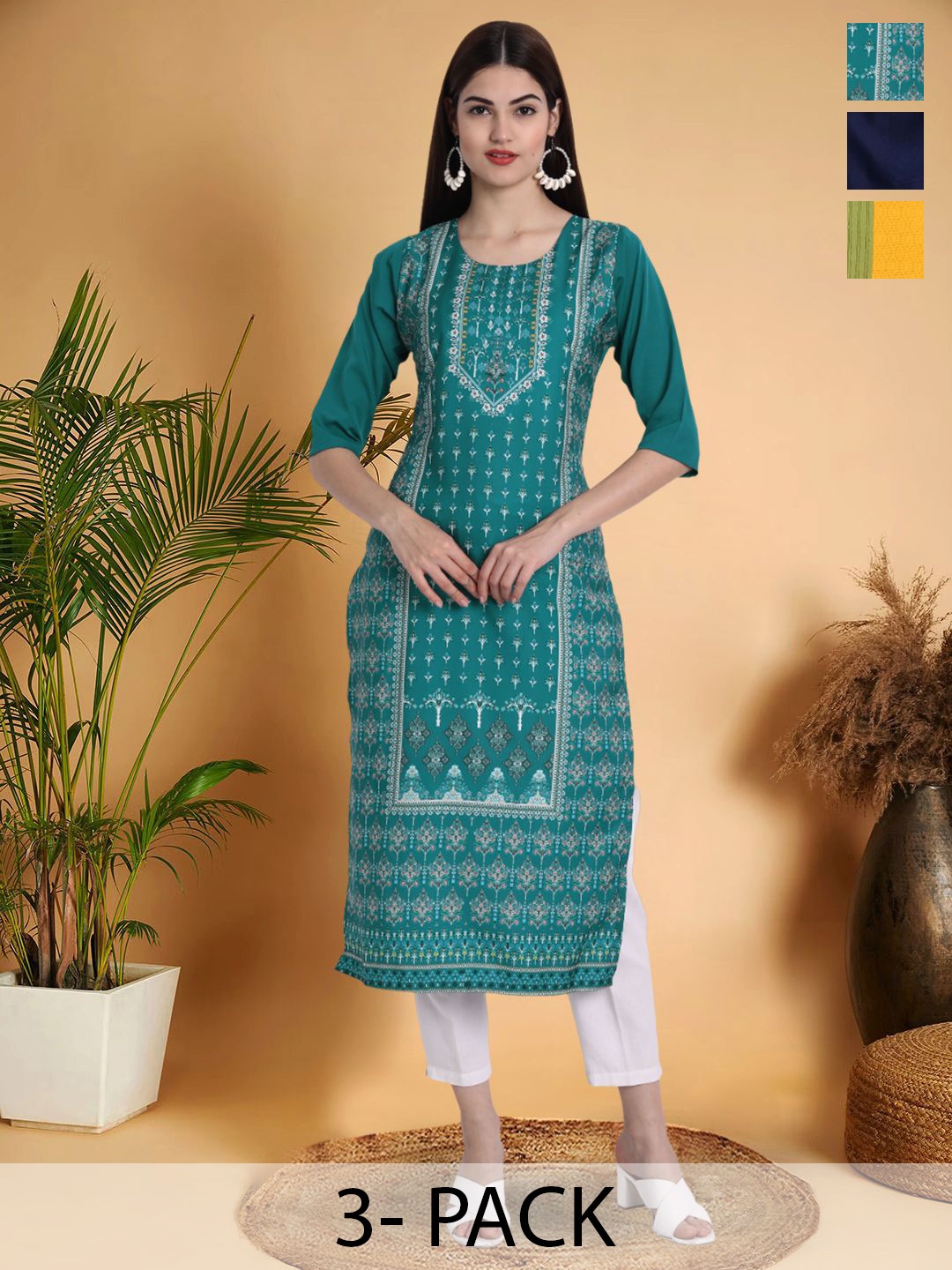

7Threads Selection Of 3 Ethnic Motifs Printed Round Neck Straight Kurtas, Blue