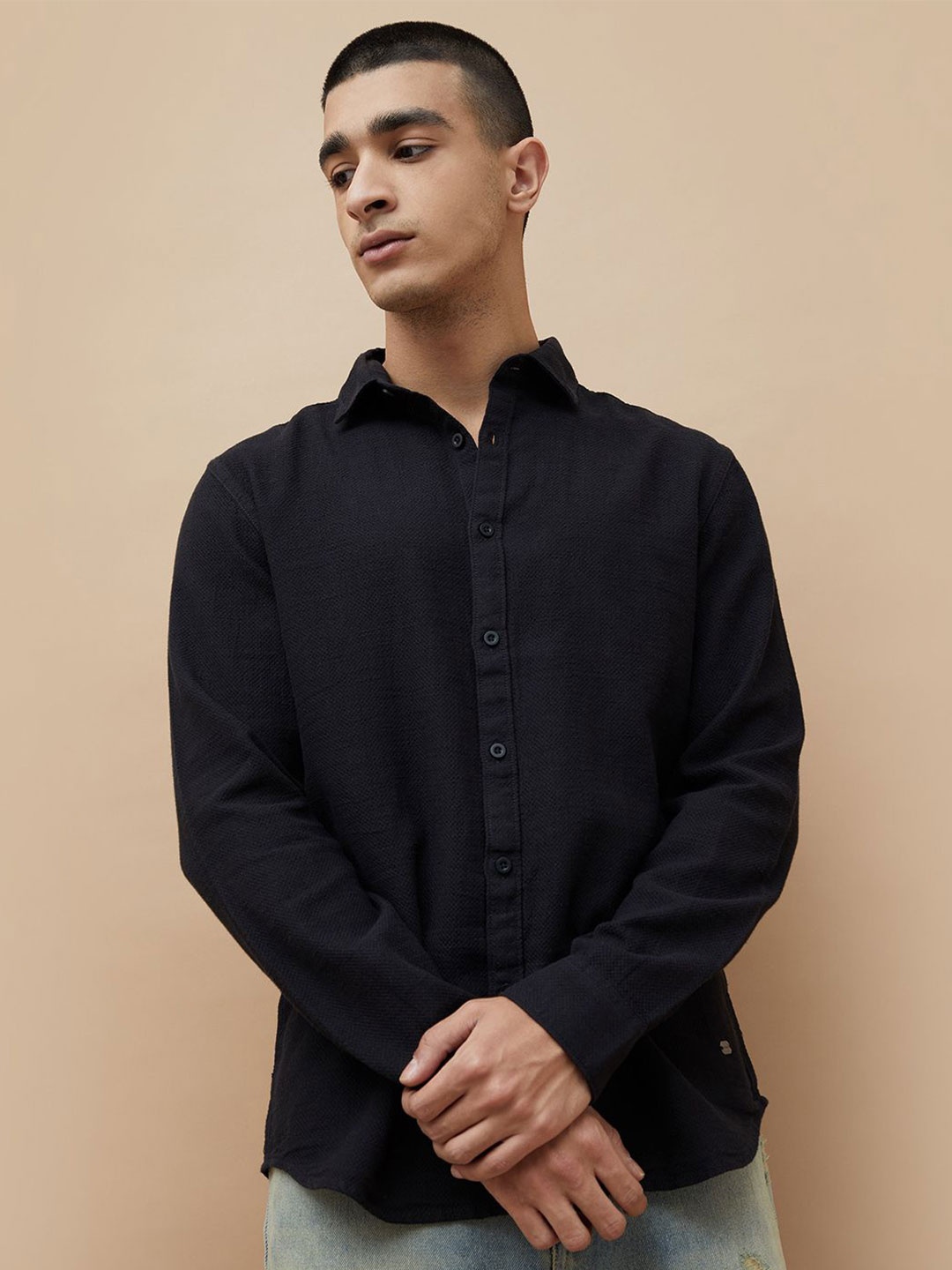 

Fame Forever by Lifestyle Men Cutaway Collar Textured Cotton Casual Shirt, Black