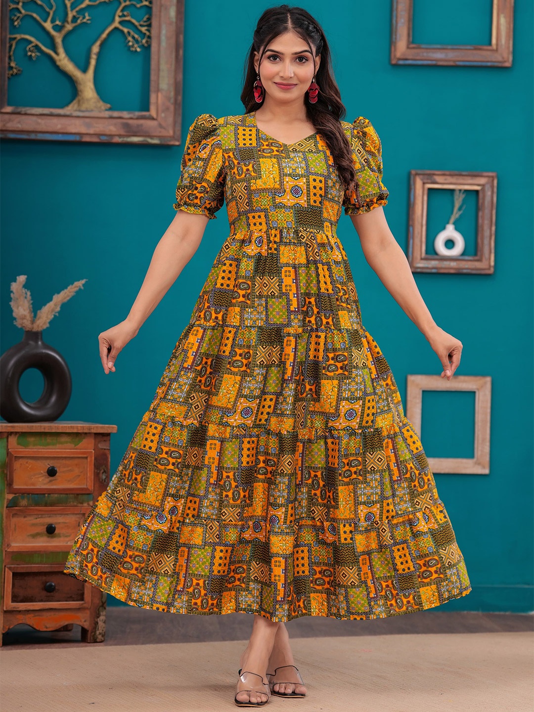 

AARYAHI Women Print Fit and Flare Dress, Mustard