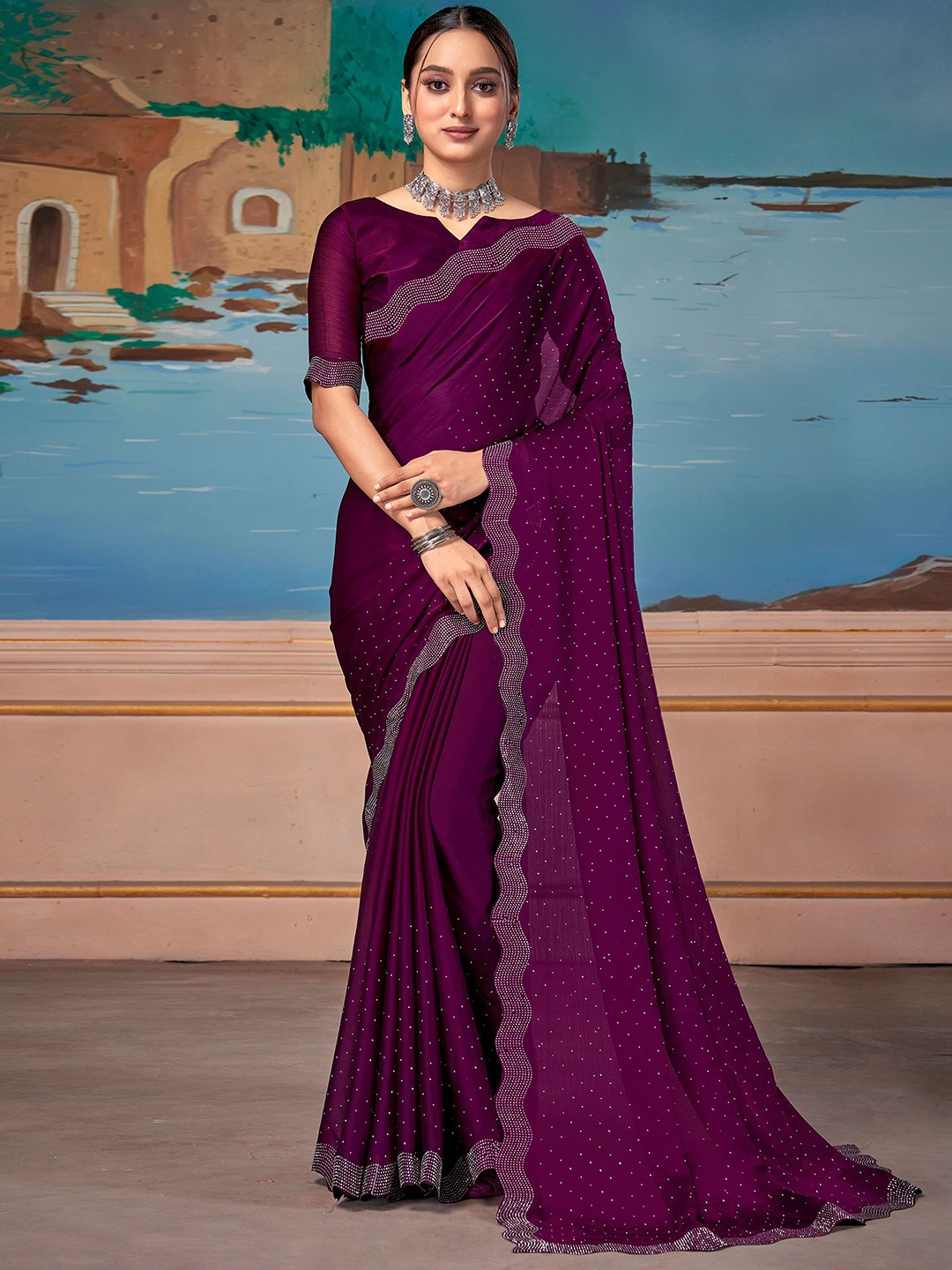 

Peachmode Beads and Stones Satin Saree, Purple