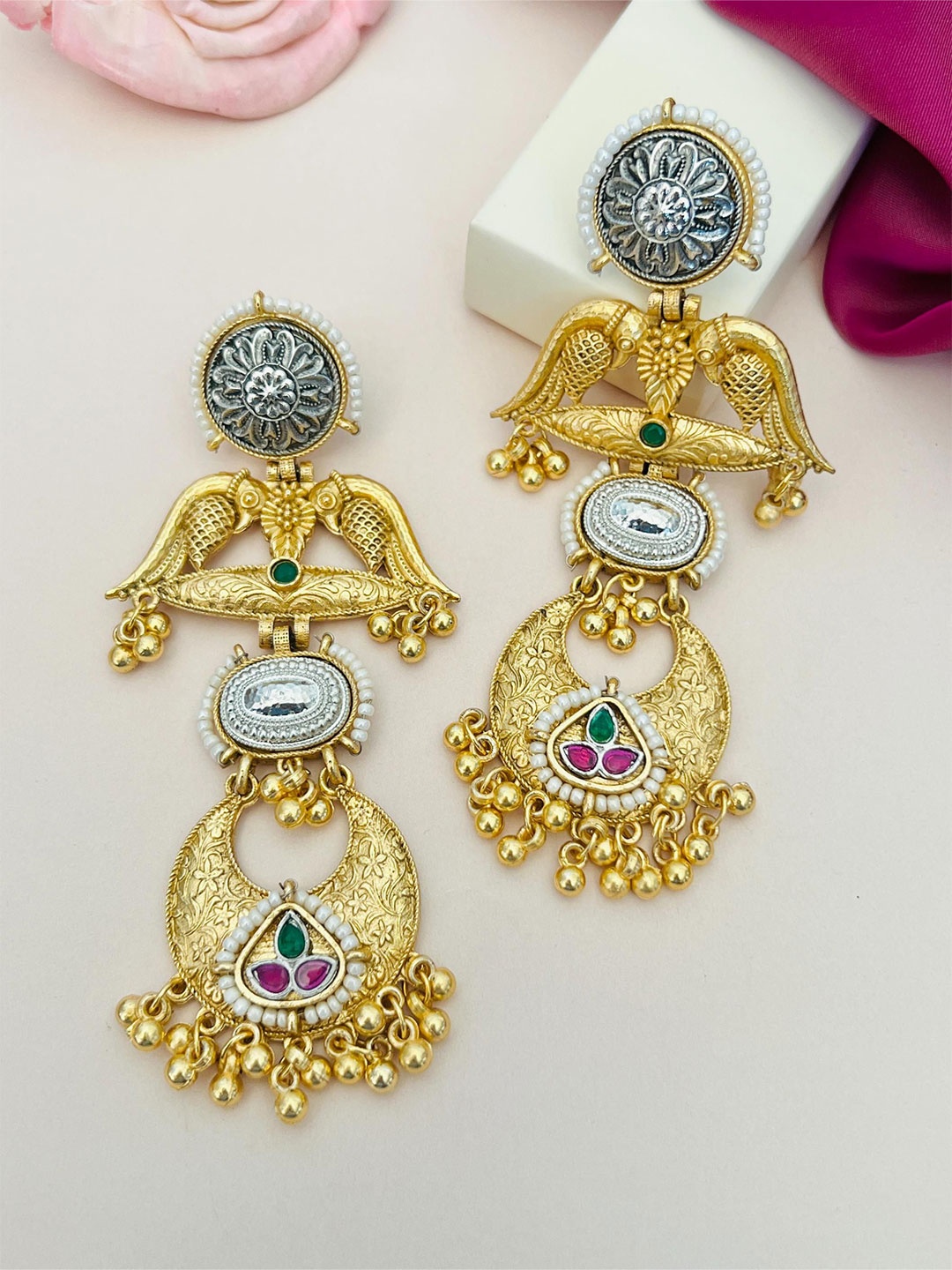 

ABDESIGNS Gold-Plated Classic Stone Studded & Beaded Drop Earrings