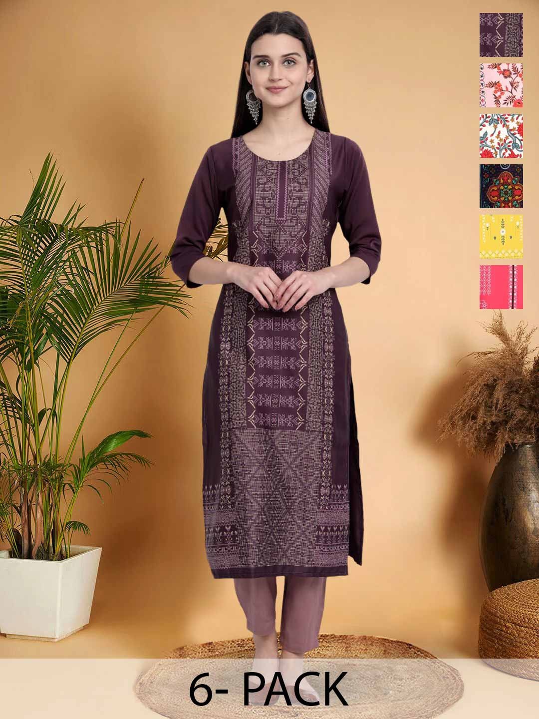 

7Threads Selection Of 6 Ethnic Motifs Printed Round Neck Kurtas, Purple