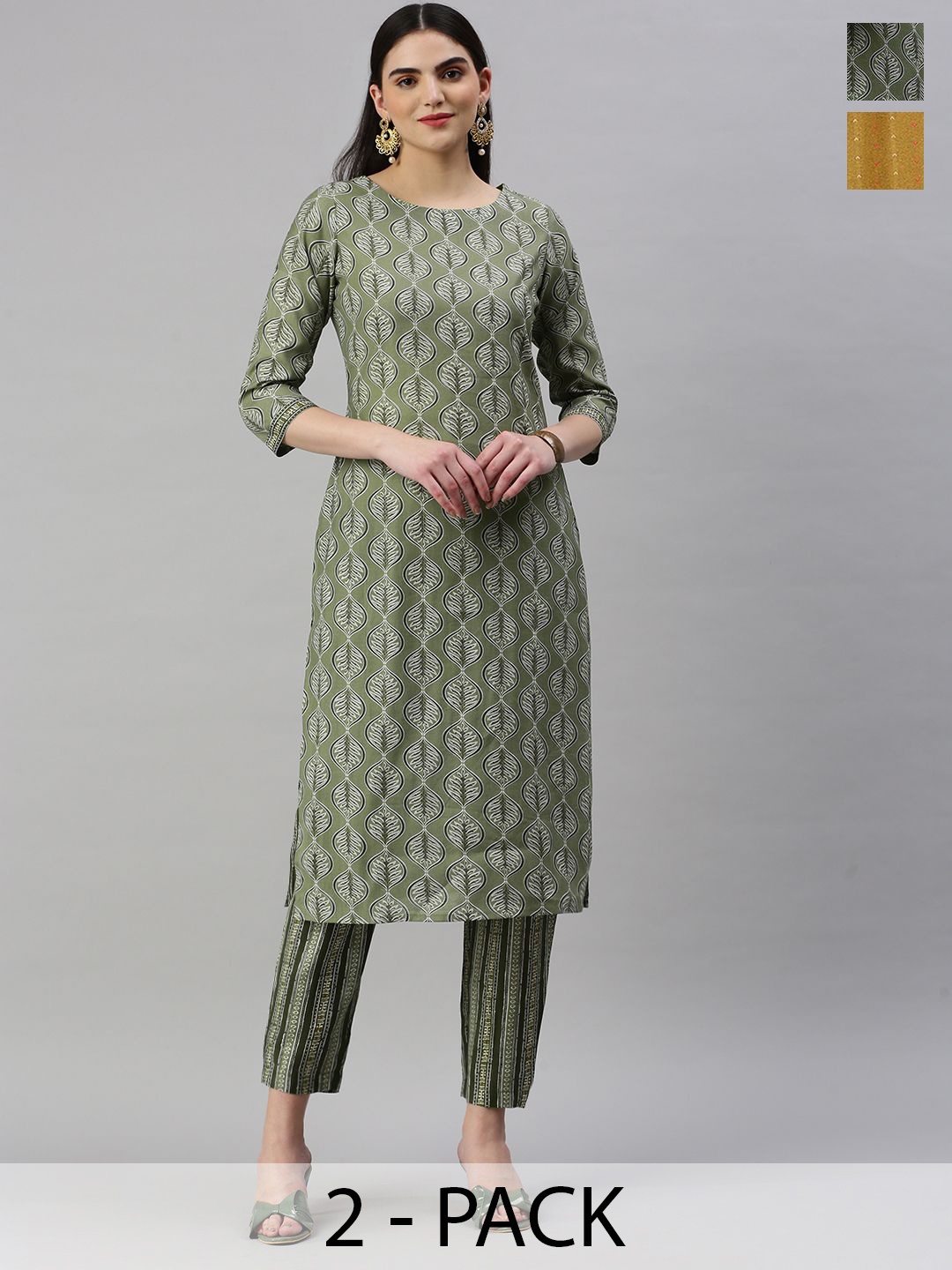 

KALINI Selection of 2 Ethnic motifs Printed Round Neck Straight Kurta with Trousers, Olive