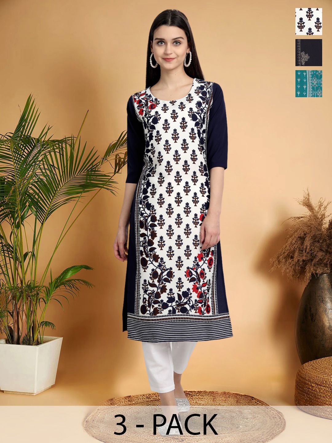 

7Threads Selection Of 3 Floral Printed Round Neck Straight Kurtas, Black