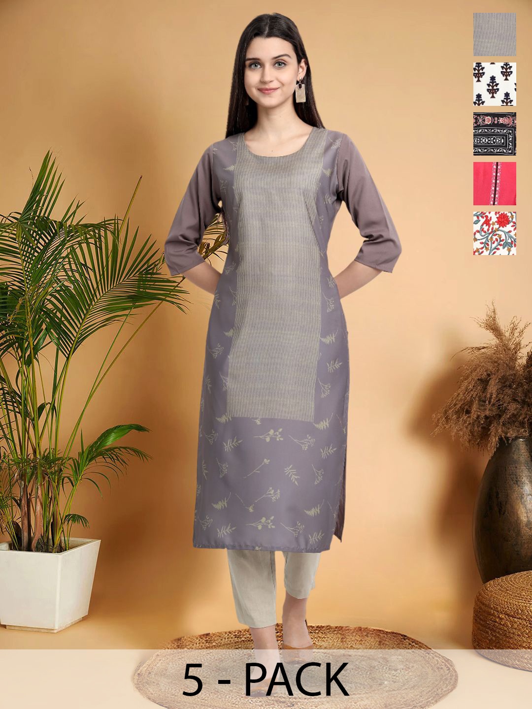 

7Threads Selection of 5 Ethnic Motifs Printed Round Neck Straight Kurtas, Grey