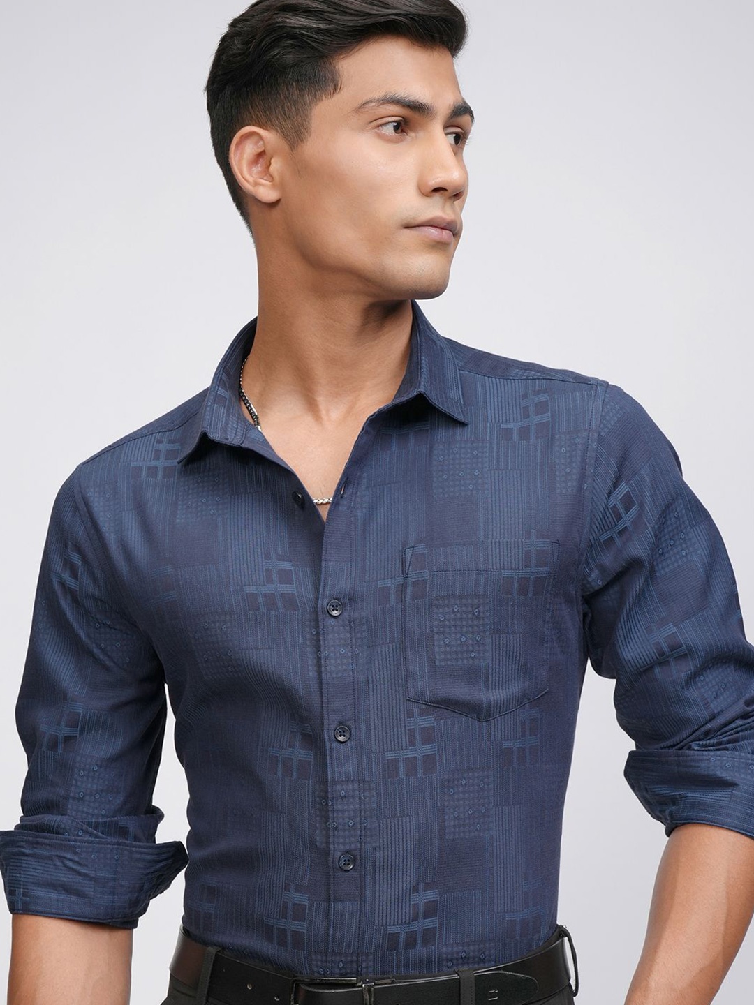 

LOCOMOTIVE Premium Men Jacquard Textured Occasion Shirt, Blue