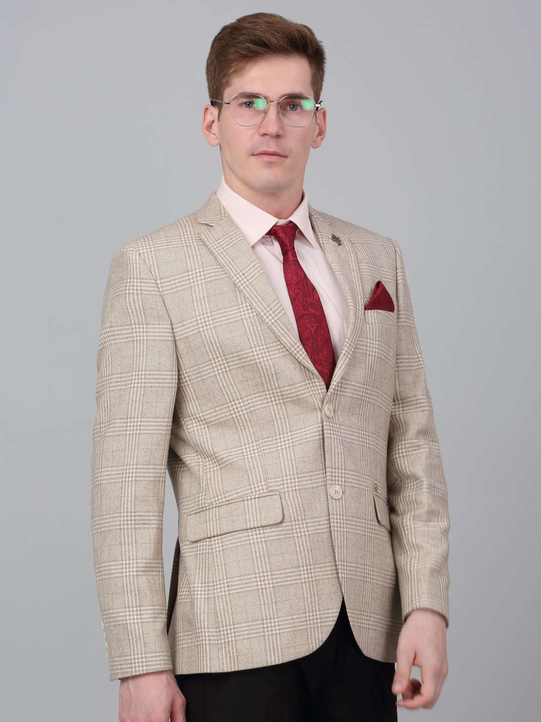 

Cantabil Checked Notched Lapel Single Breasted Blazer, Beige
