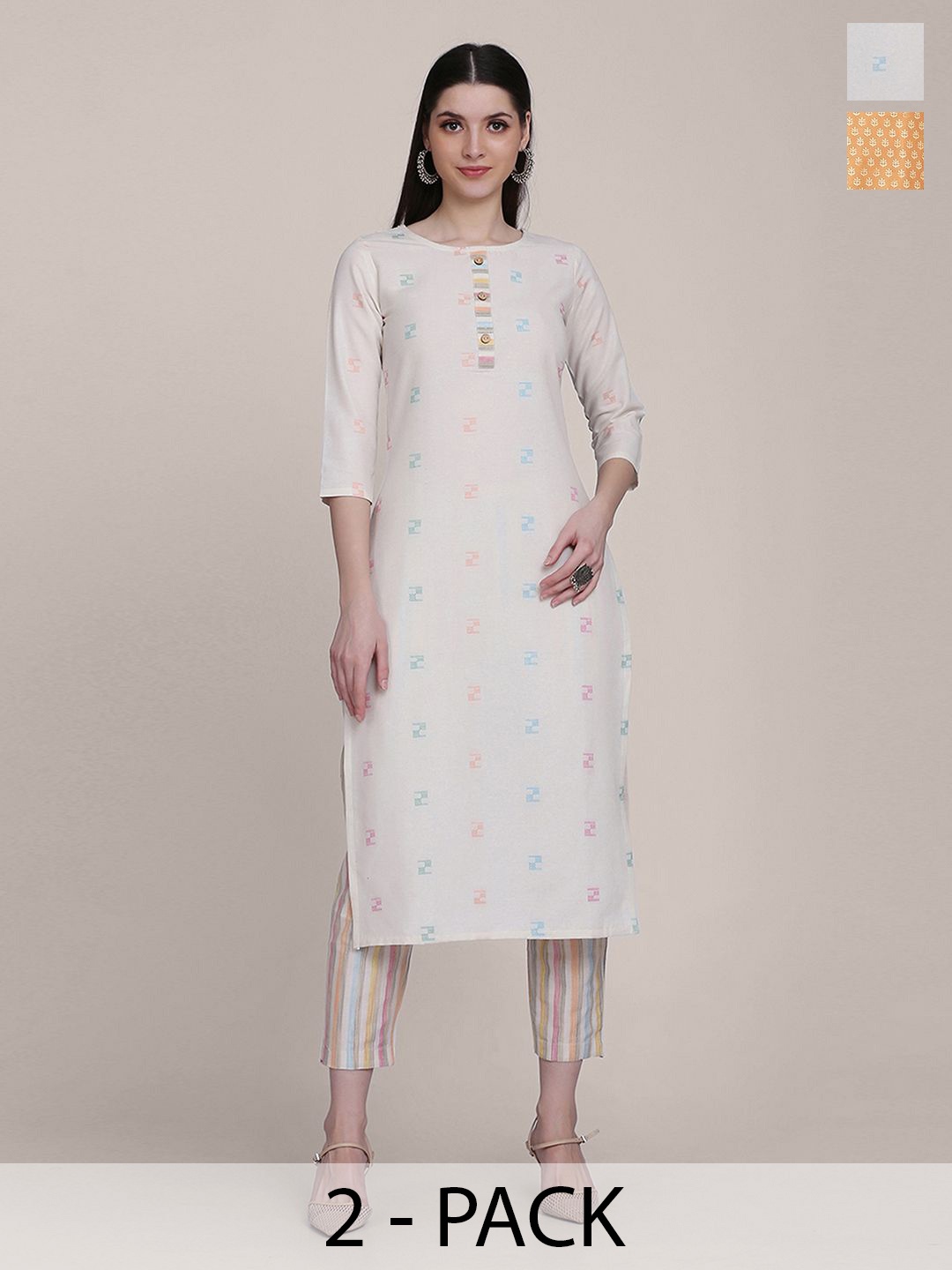 

KALINI Selection Of 2 Ethnic Motifs Woven Design Straight Kurtas With Trousers, White