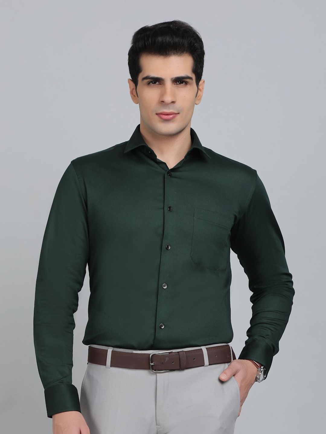 

Greenfibre Men Slim Fit Spread Collar Solid Cotton Formal Shirt, Green