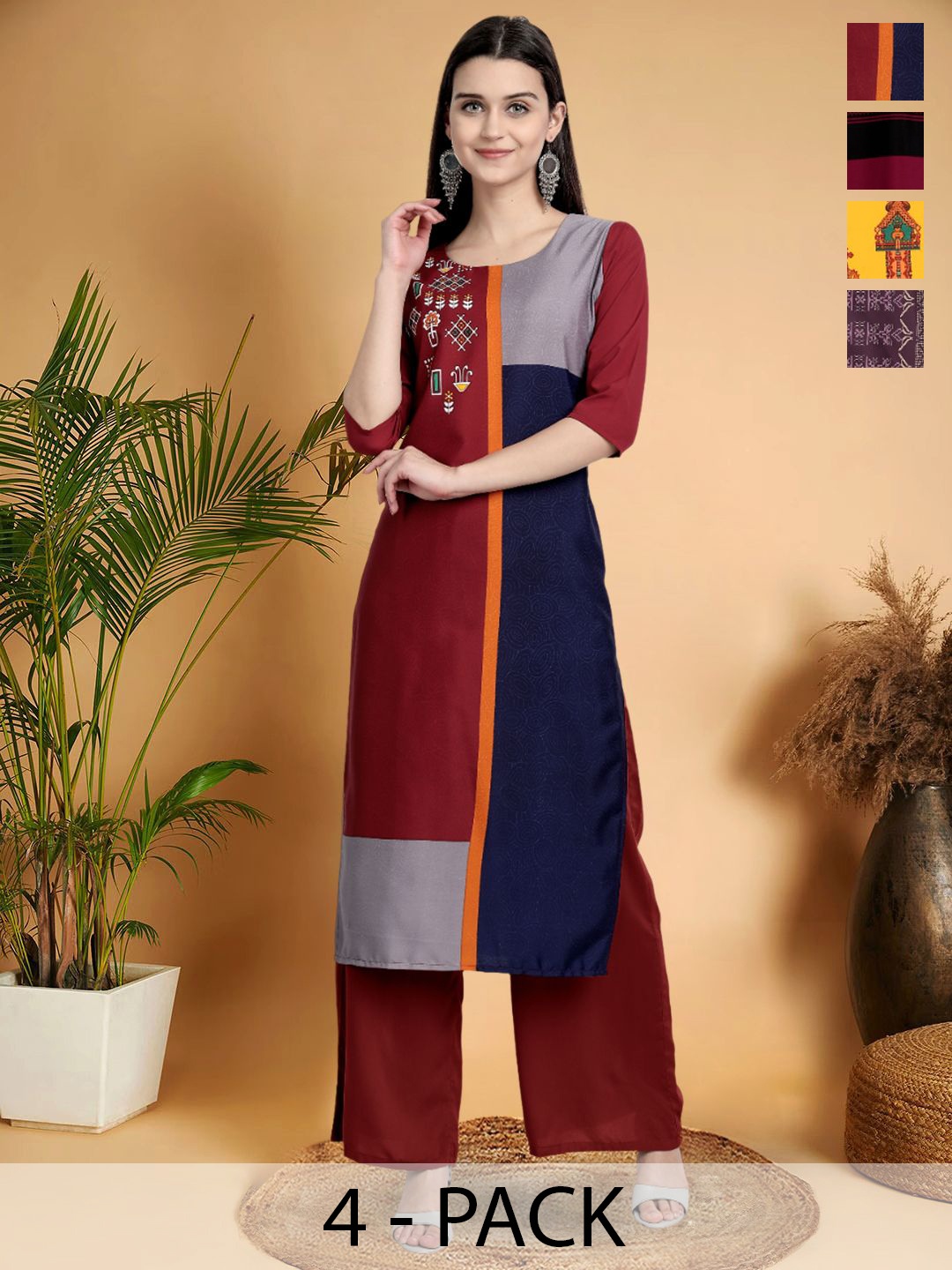 

7Threads Selection Of 4 Colourblocked Printed Round Neck Straight Kurtas, Maroon