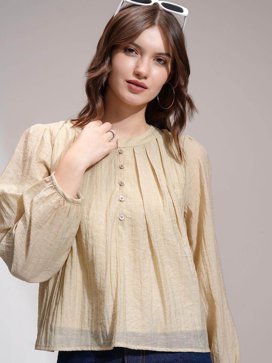 

CHIC BY TOKYO TALKIES Women Solid Bishop Sleeve Pleated Top, Khaki