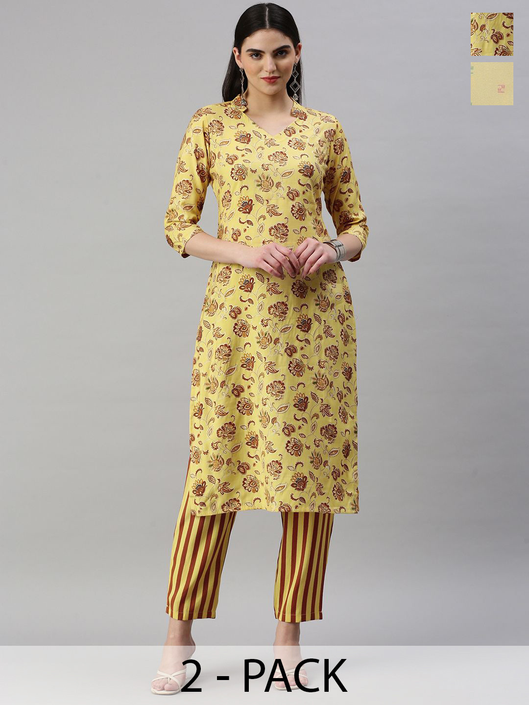 

KALINI Selection Of 2 Floral Printed Mandarin Collar Straight Kurtas With Trousers, Yellow