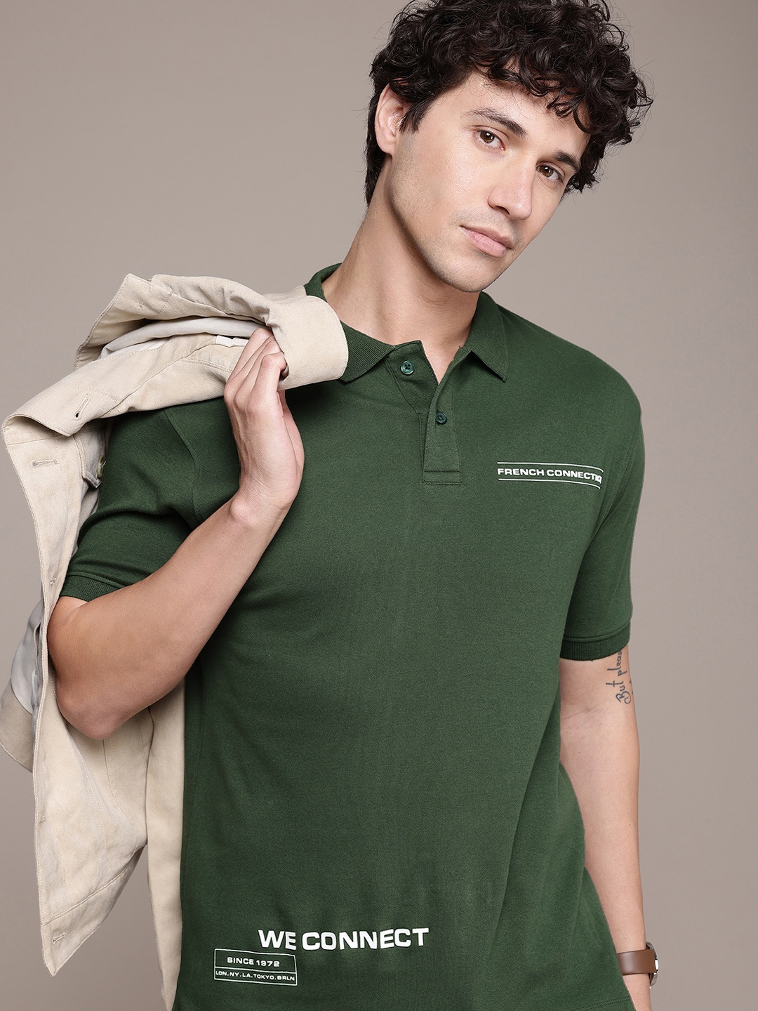 

French Connection Typography Printed Polo Collar Pure Cotton T-shirt, Green