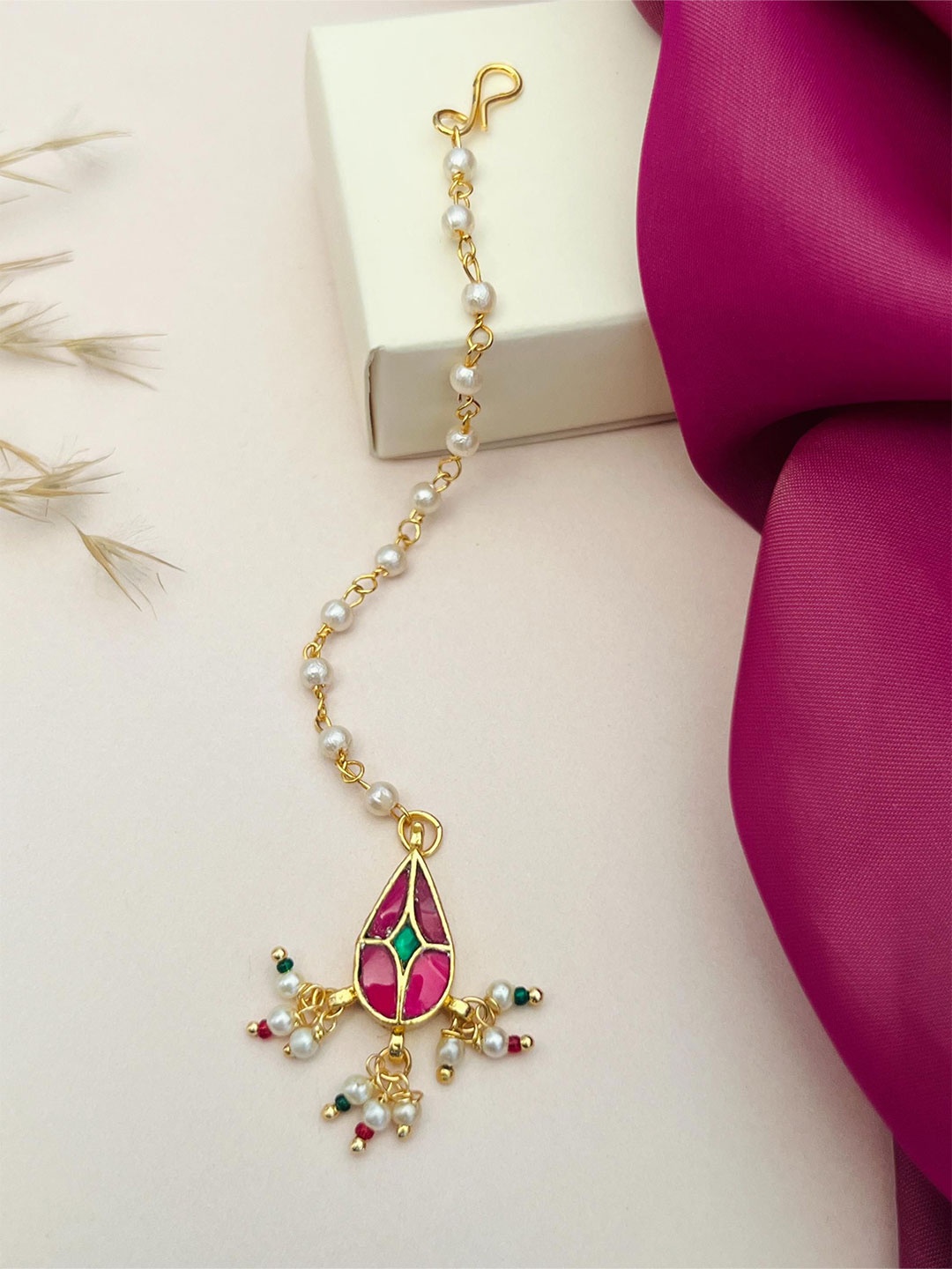 

ABDESIGNS Gold-Plated Artificial Stones and Beads Studded Maang Tikka