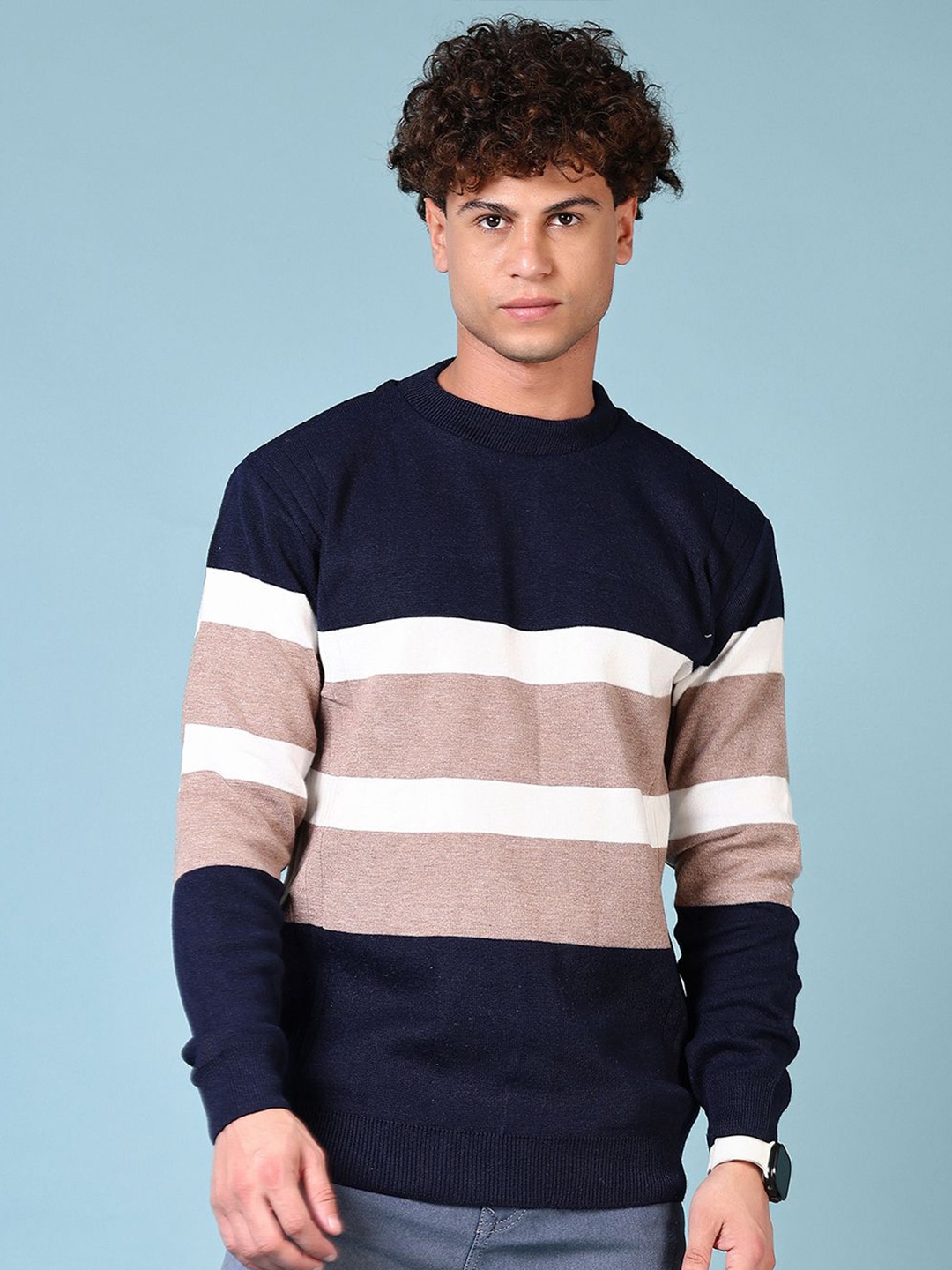 

V-Mart Men Colourblocked Round Neck Pullover Sweater, Navy blue