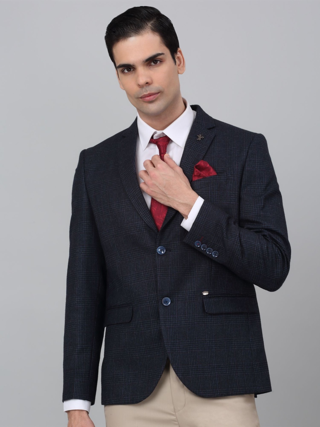 

Cantabil Checked Notched Lapel Single Breasted Blazer, Navy blue