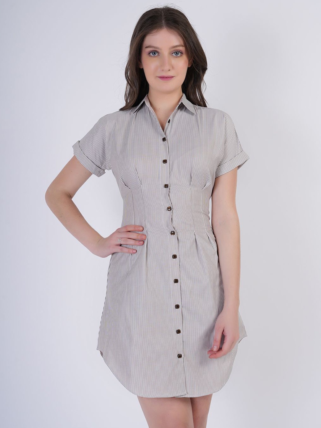

BERIAMO Women Striped Shirt Dress, Grey
