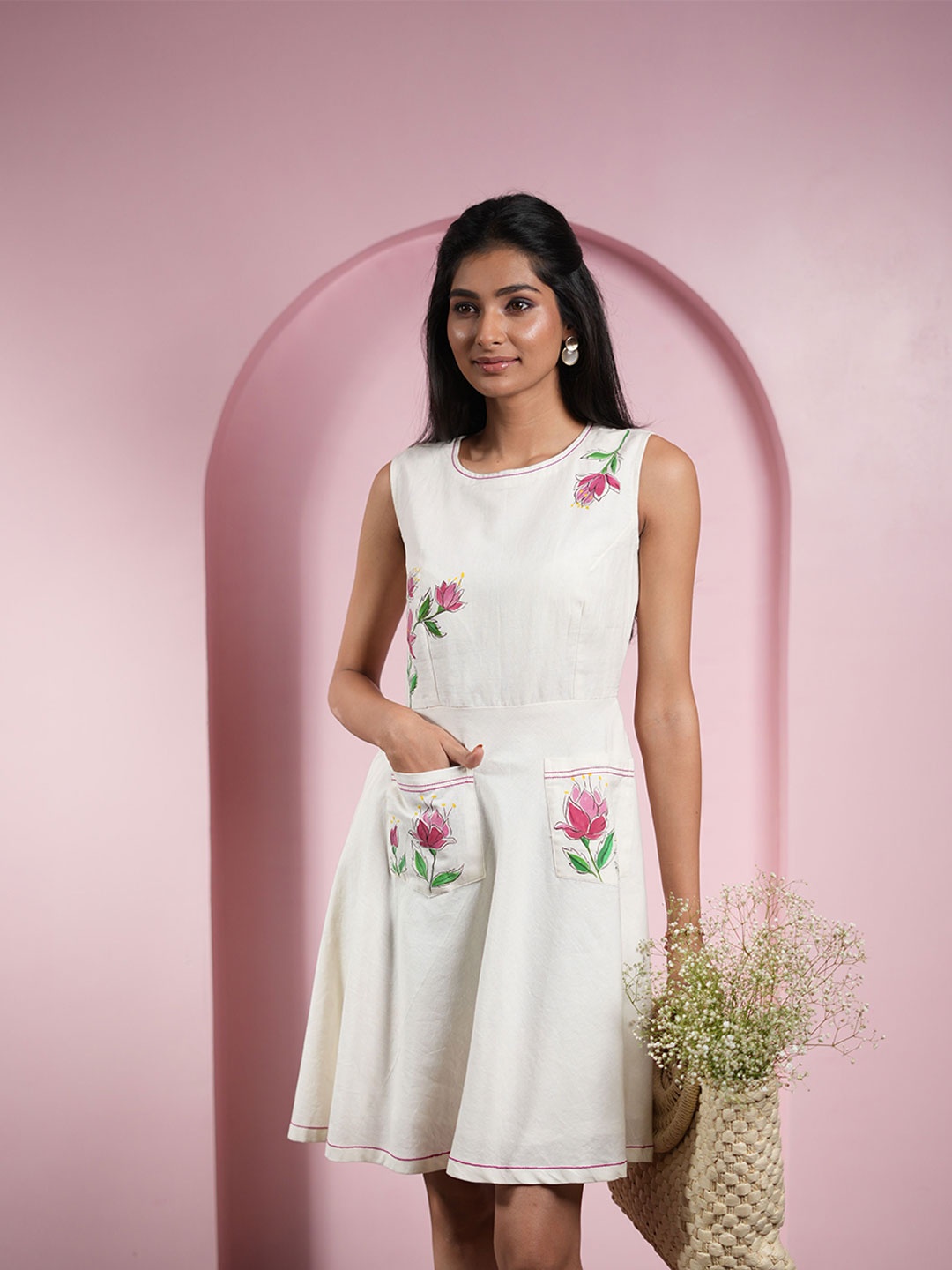 

ATTIBO Women Floral Printed Linen A-Line Dress, Off white