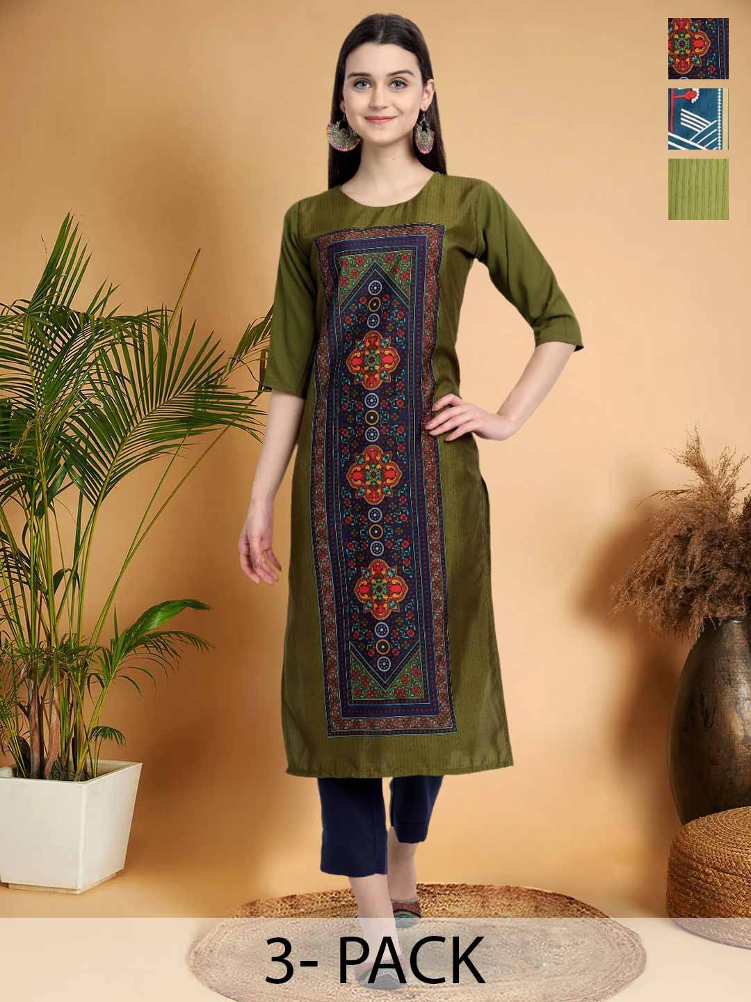 

7Threads Selection Of 3 Ethnic Motifs Printed Round Neck Straight Kurtas, Olive