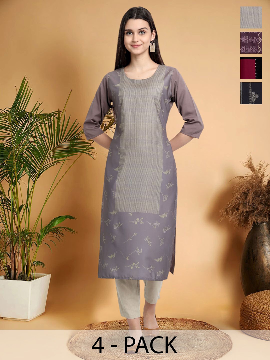

7Threads Selection Of 4 Floral Printed Round Neck Straight Kurtas, Grey